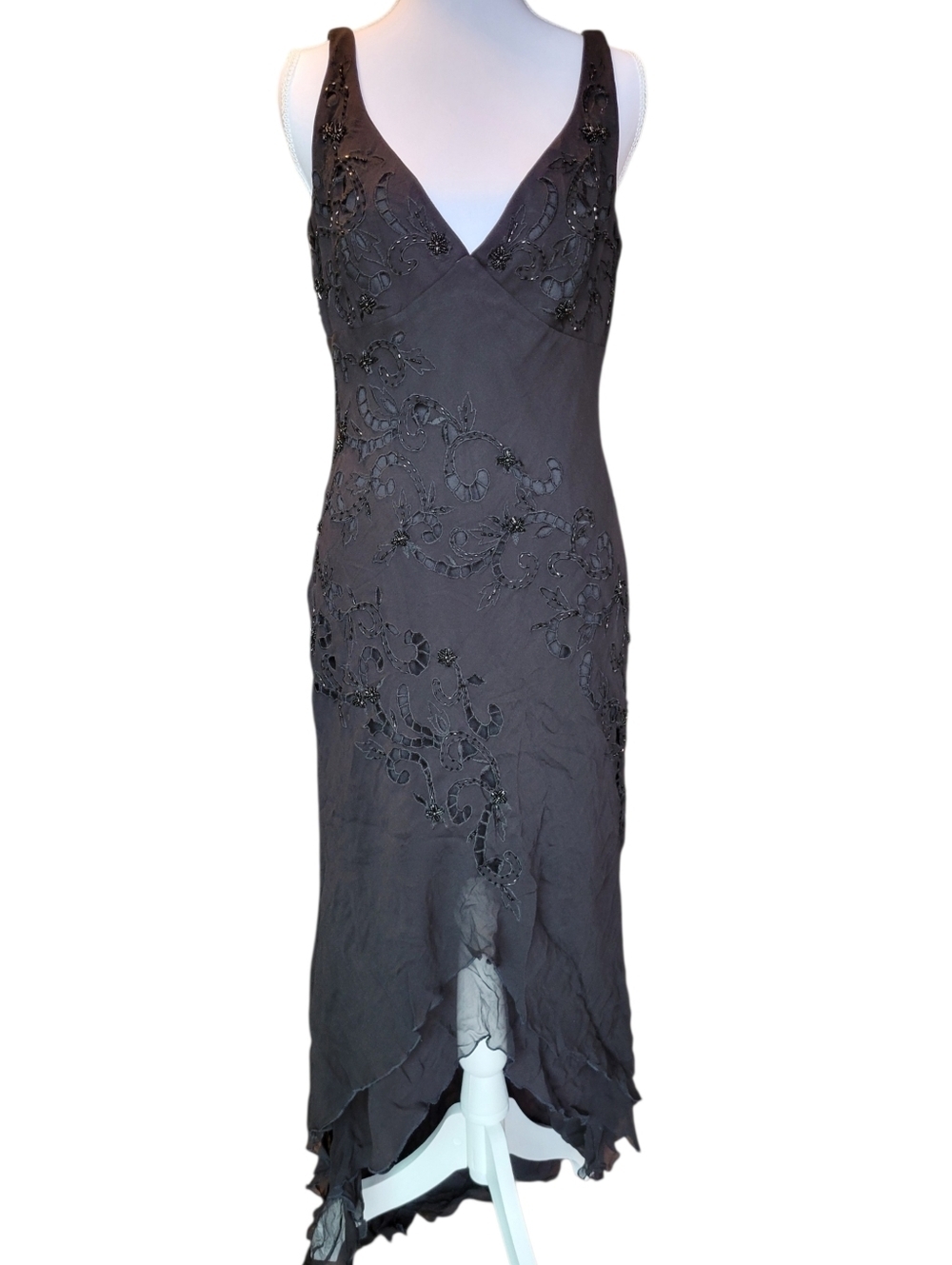 Vtg 90s Y2K Marina 100% Silk Black Beaded Vneck Asymmetrical Hem Evening Dress - Picture 2 of 10